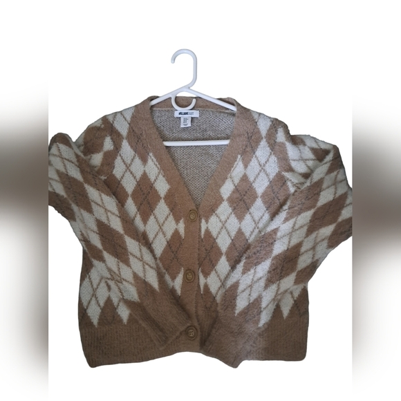 WILLIAM RAST cozy soft beige tan brown argyle plaid button cardigan sweater Med - Picture 3 of 9